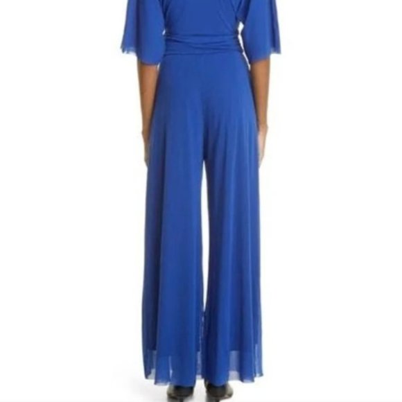 FUZZI SURPLICE WIDE LEG MESH CANARIE BLUE JUMPSUIT sz S - Picture 5 of 5